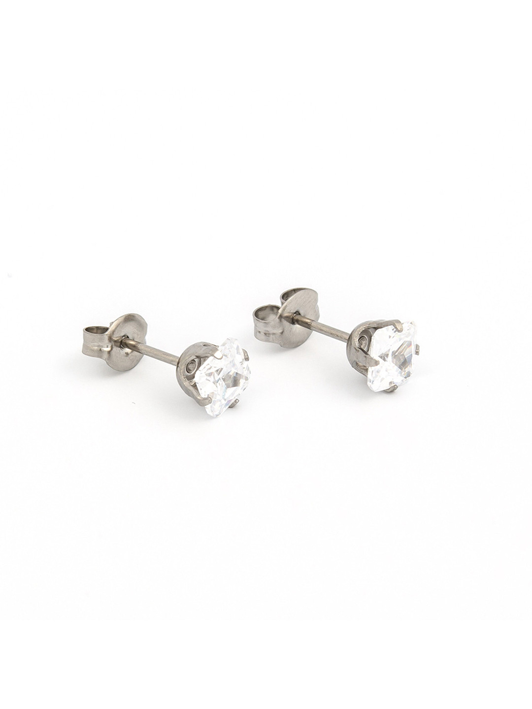 STUDEX Stainless Steel Silver-Plated Cubic Zirconia Studded Square Shaped Studs