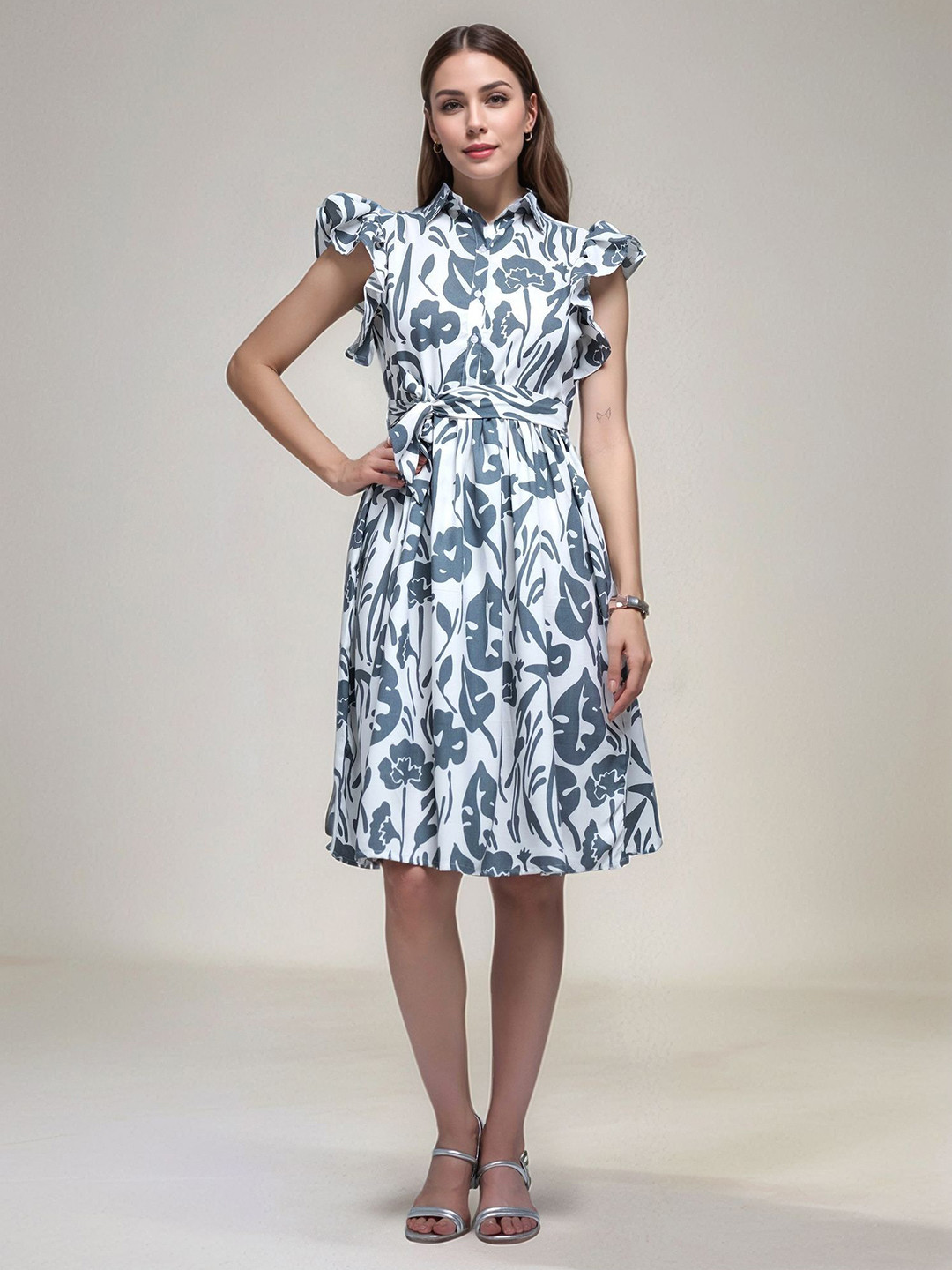 DressBerry Women Floral Printed Shirt Collar Party Fit and Flare Dress