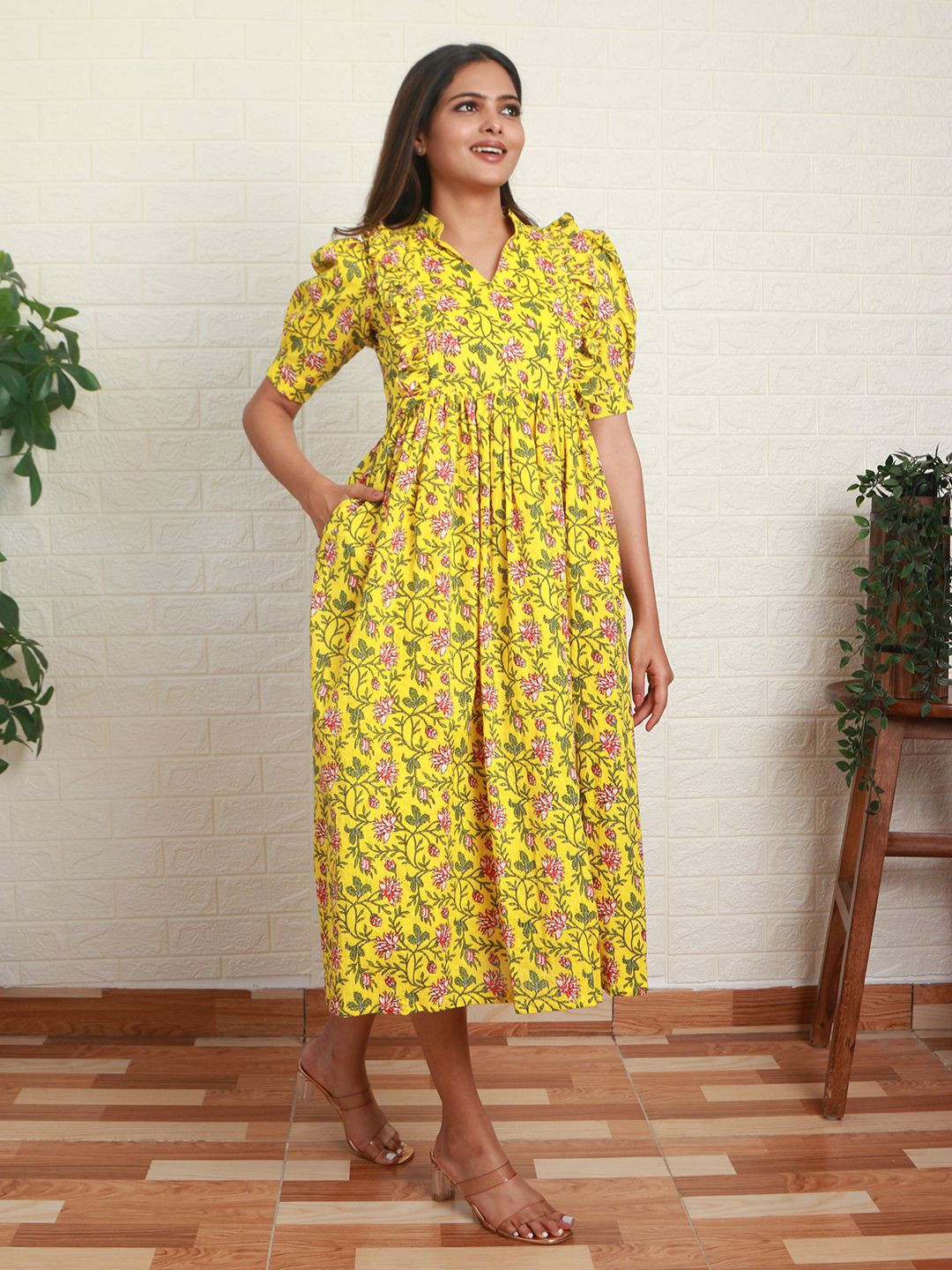 RADOSS Puff Sleeves Yellow Floral Pleated Fit & Flare Midi Dress
