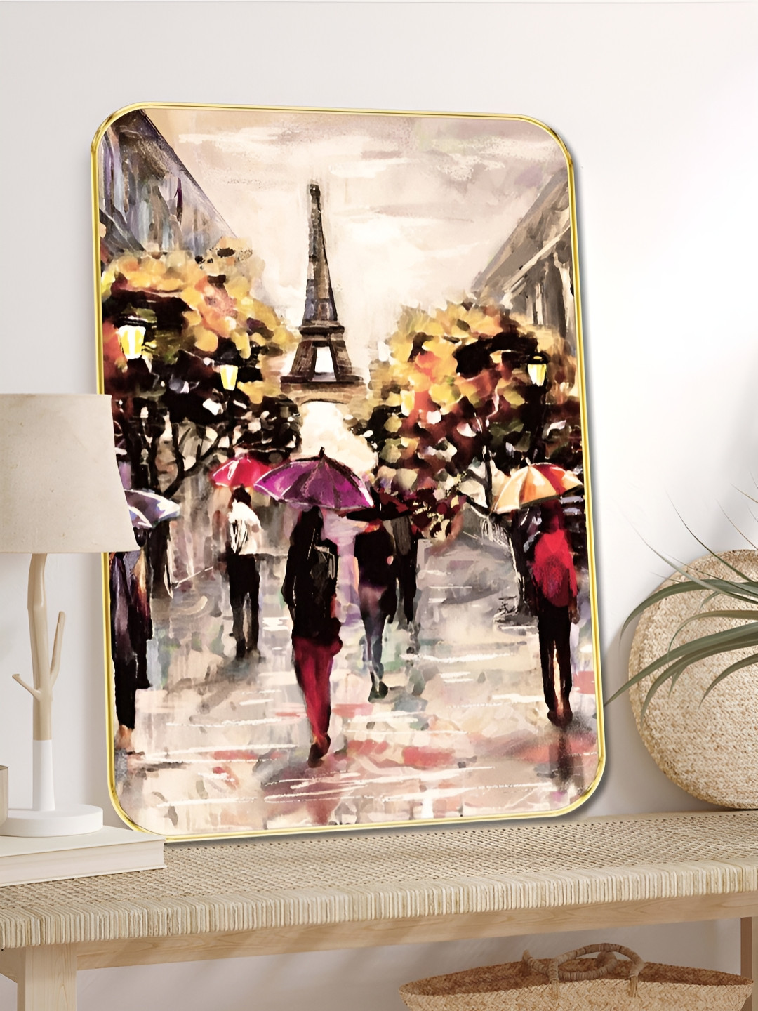 SAF Paris Street View With Eiffel Tower Wood Rectangle Paintings Wall Art - 18x24In