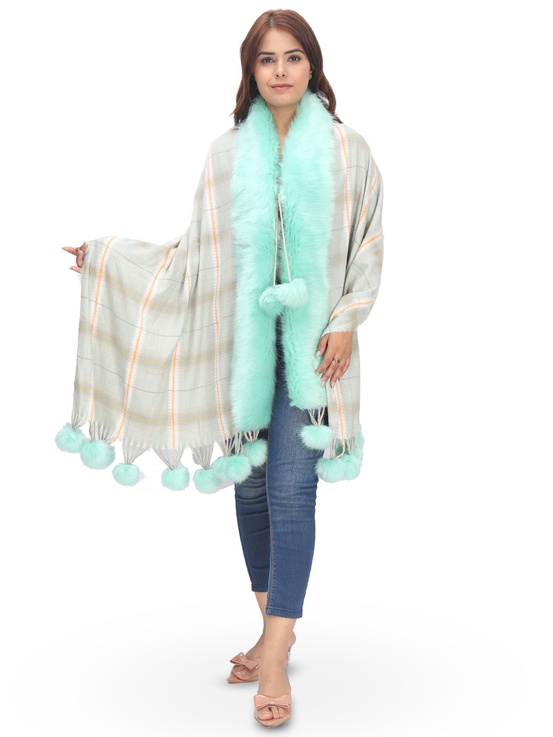 Manra Checked Woollen Fur Ball Winter Shawl