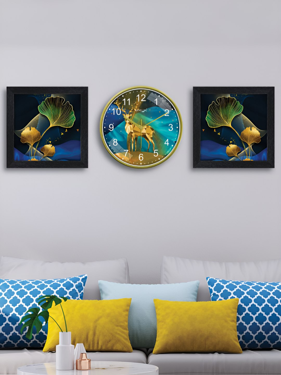 RANDOM Blue & Gold-Toned Printed Traditional Wall Clock With 2 Photo Frames
