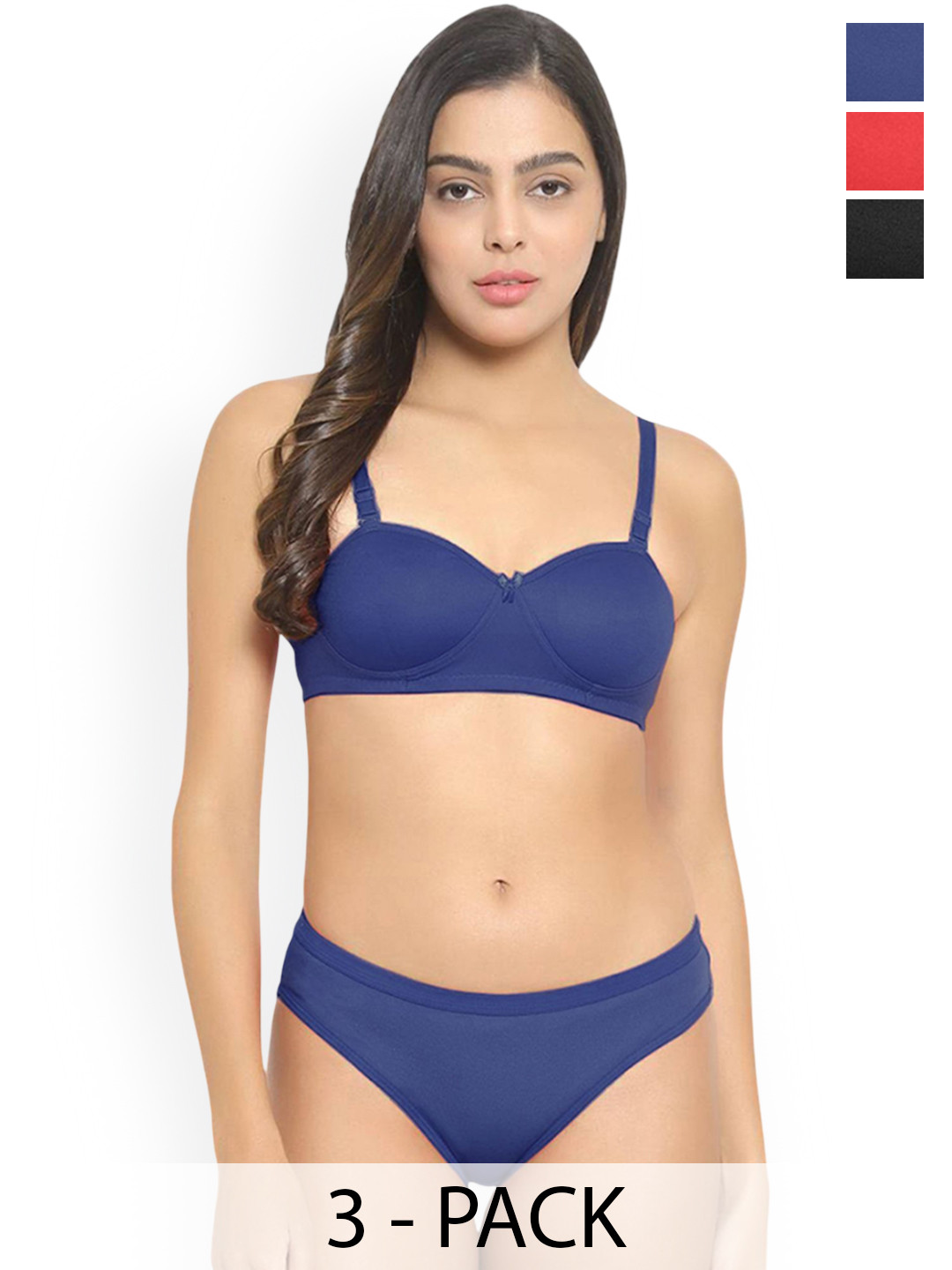 PIBU Pack Of 3 Cotton Lightly Padded Lingerie Set B_Demi-Set_R,B,Bl