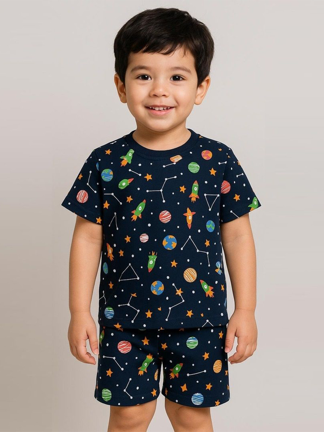 Jam & Sugar Boys Conversational Printed Round Neck Pure Cotton T-Shirt With Shorts