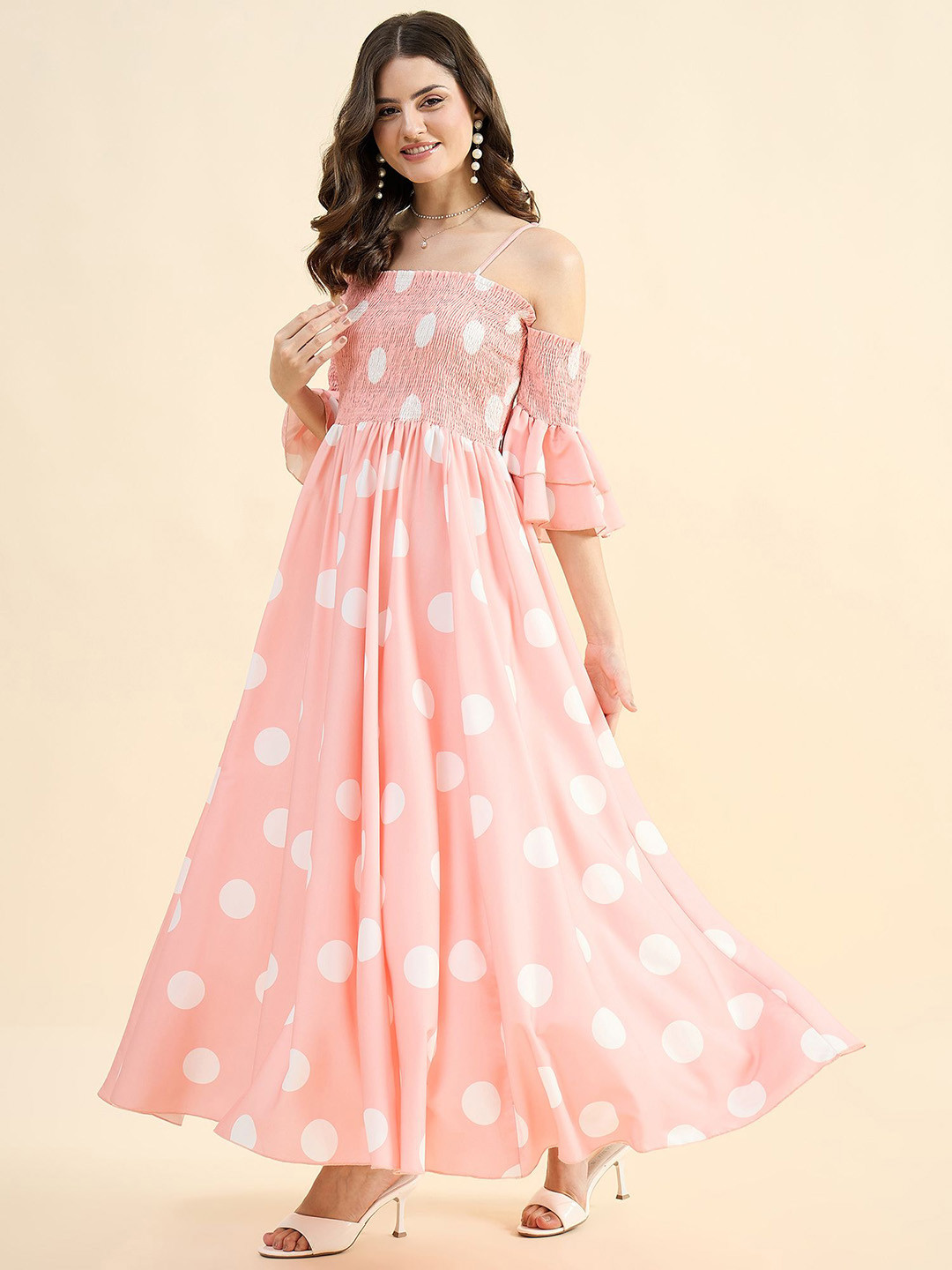 PANIT Women Polka Dots Printed Shoulder Straps Smocked Party Maxi Dress