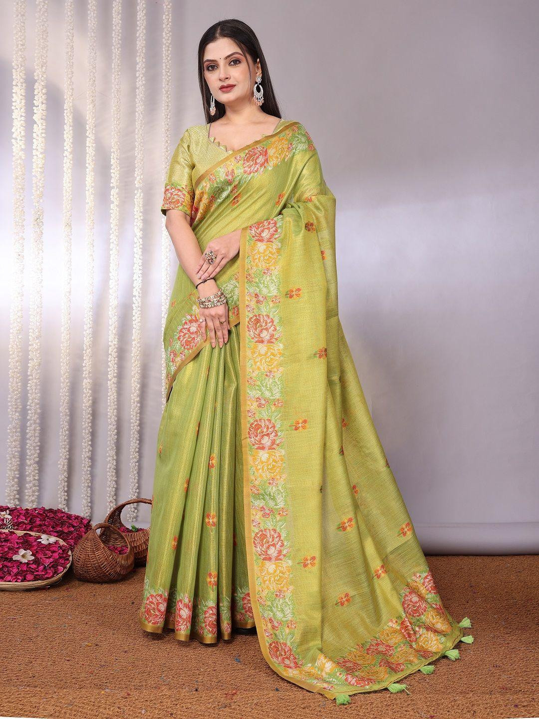 KALINI Lime Green Banarasi Tissue Sarees