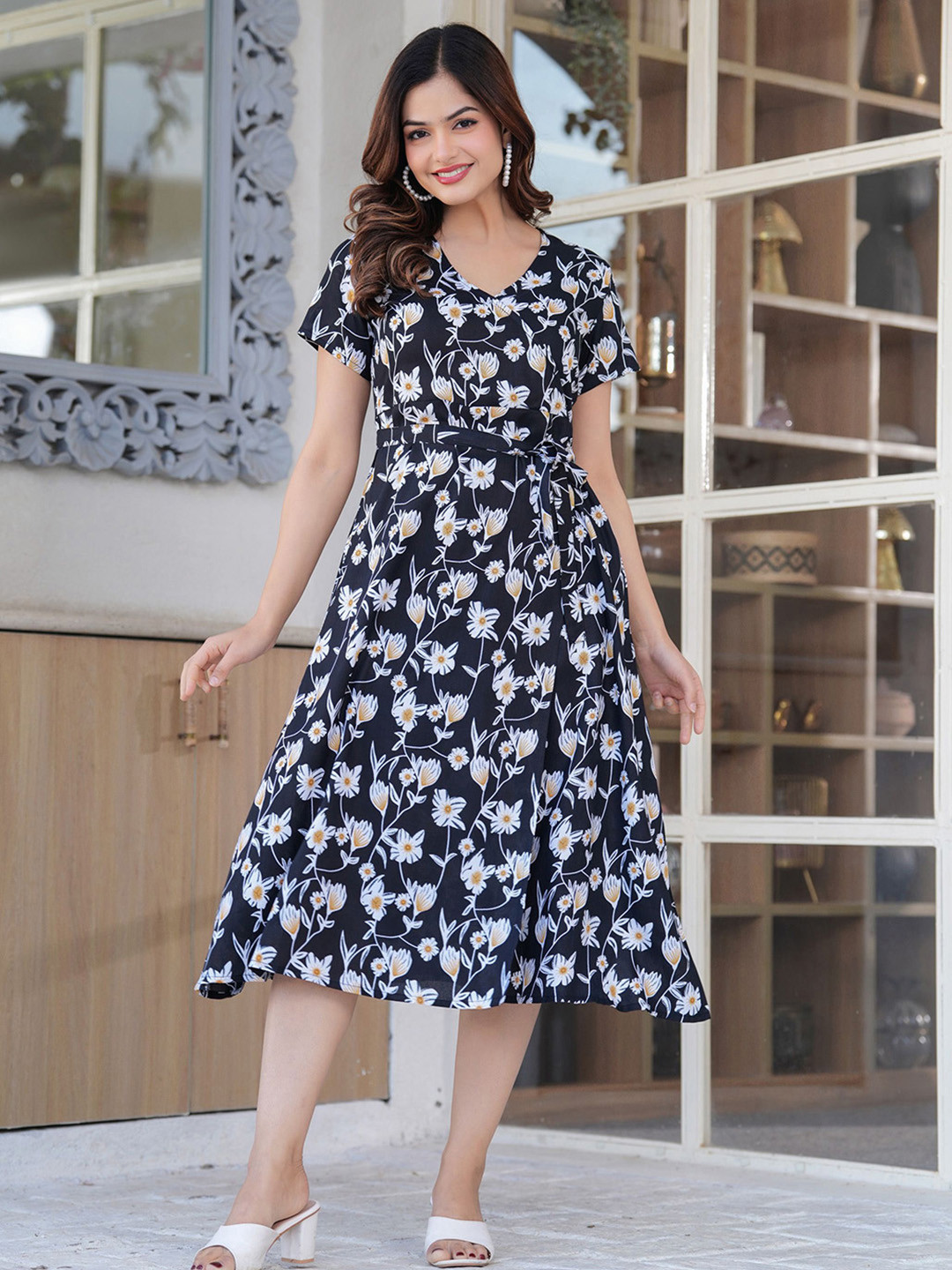 NWH Women Floral Print Fit & Flare Midi Dress