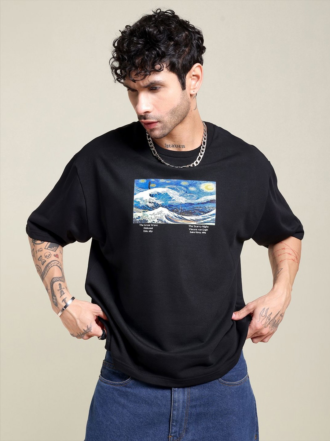 Midnight LAW Unisex Graphic Printed Drop-Shoulder Round Neck Cotton Oversized T-shirt