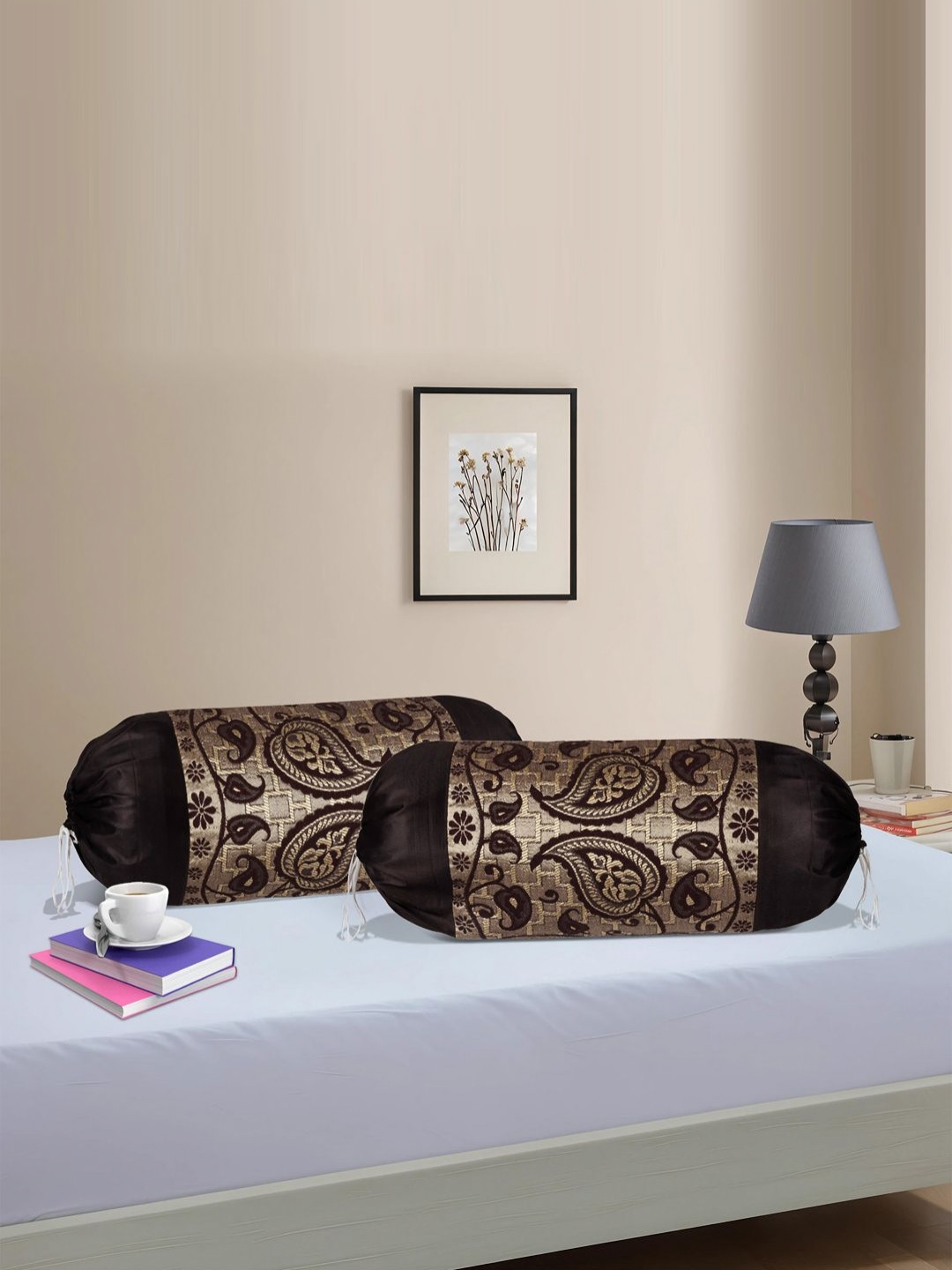 Myntra Elegant Homes 2-Pcs Black Printed Bolster Pillow Cover With Dori