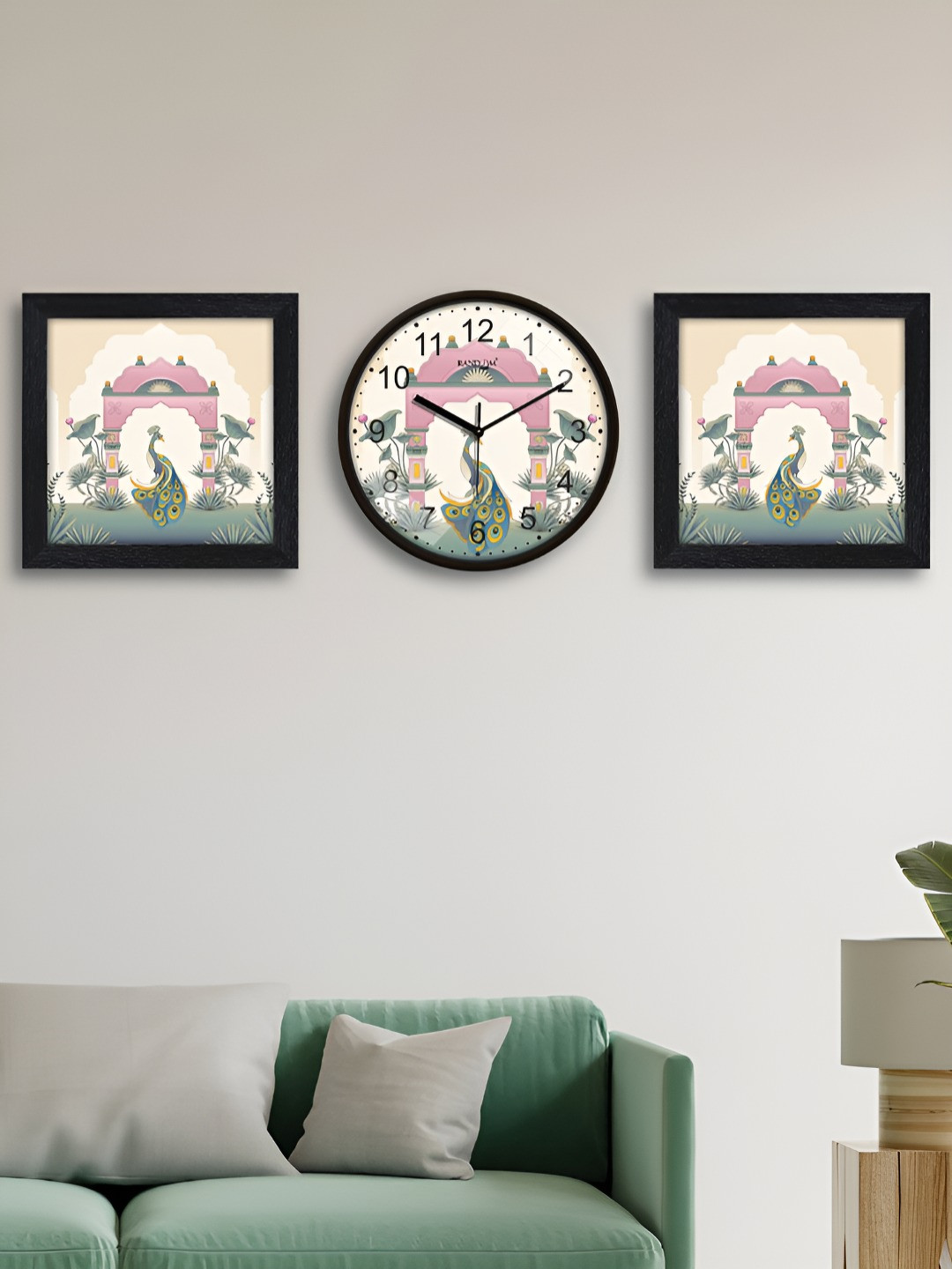 RANDOM Beige & Pink Printed Traditional Wall Clock With 2 Photo Frames