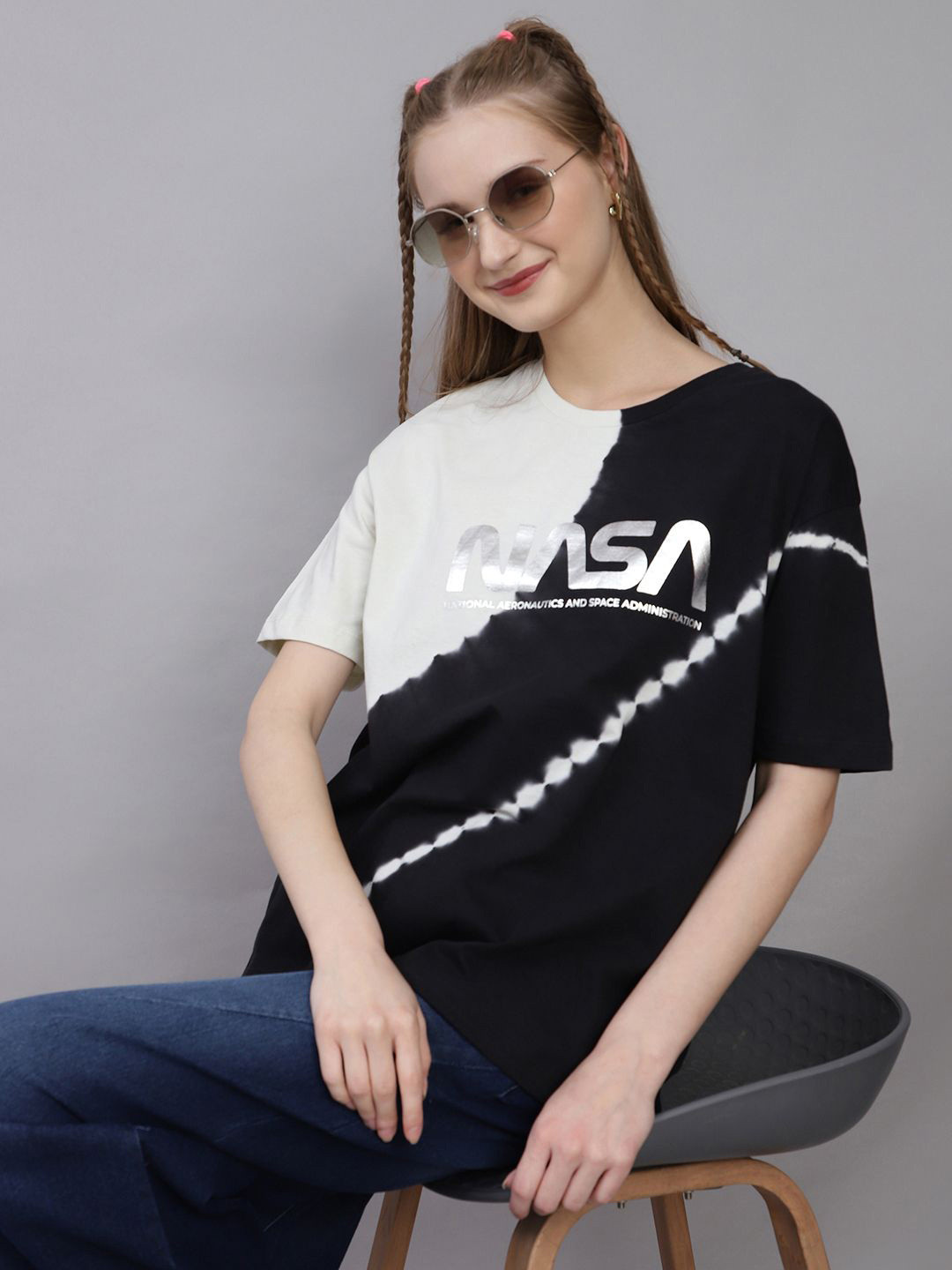 Free Authority Nasa Printed Pure Cotton Oversized Fit Round Neck T-Shirt