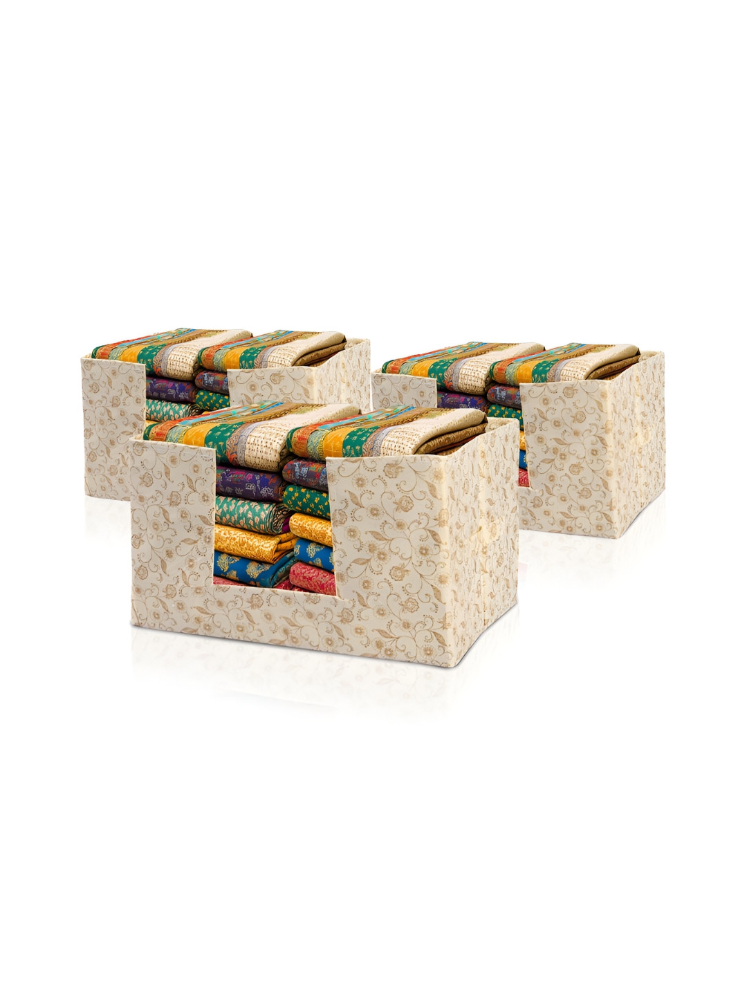 Aura 3 Pcs Cream-Coloured Cloth Organisers Wardrobe Drawer Storage Box & Handle