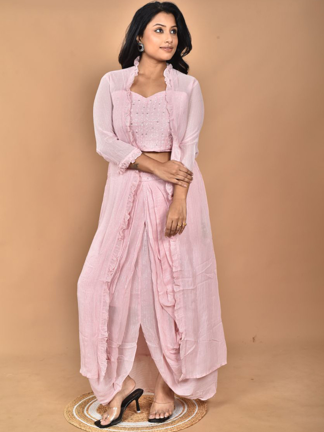 Morchari Embroidery Shoulder Strap Neck Crop Top & Jacket With Skirt Co-Ords