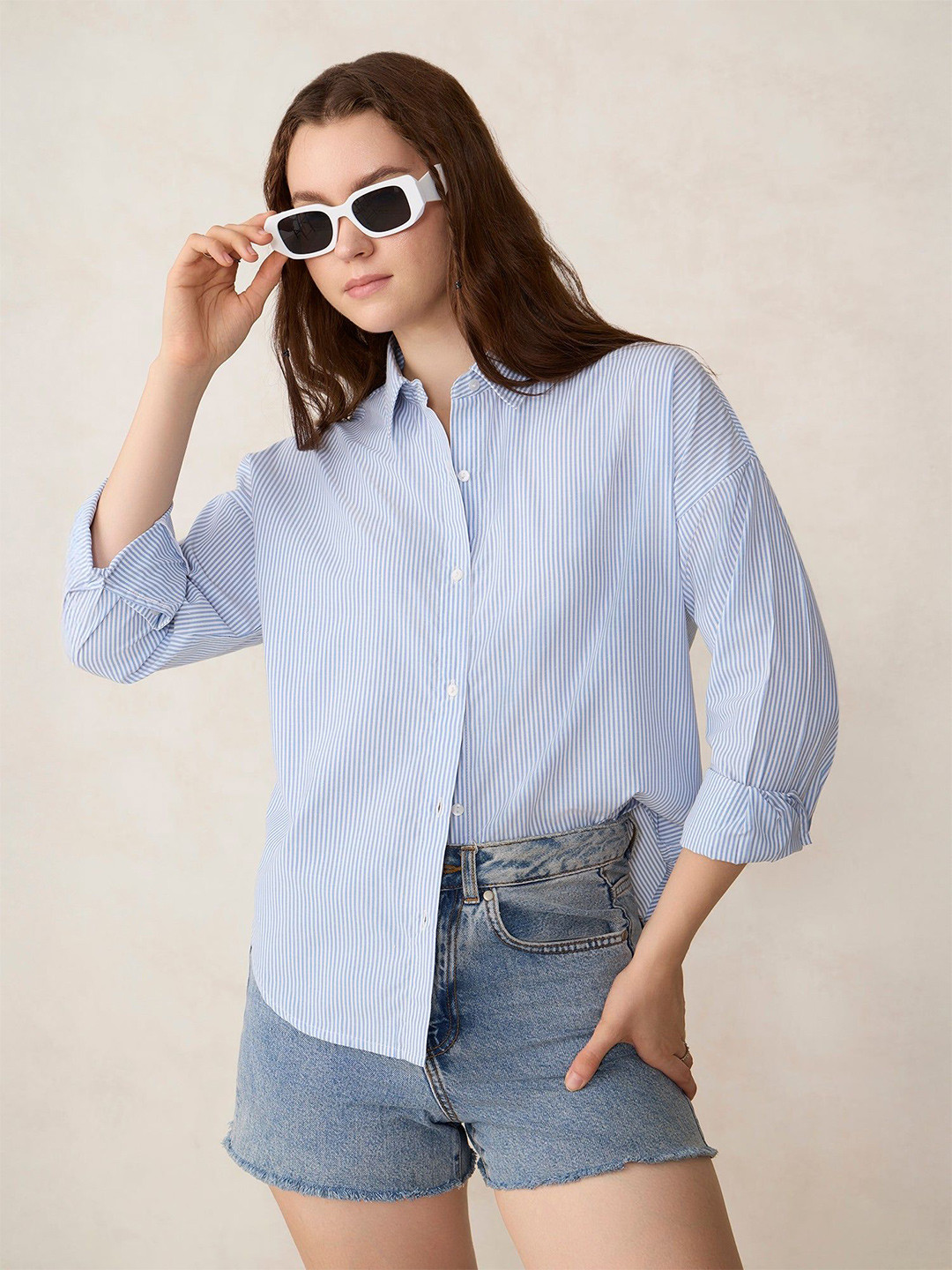 Outzidr White Oversized Drop Shoulder Stripe Shirt