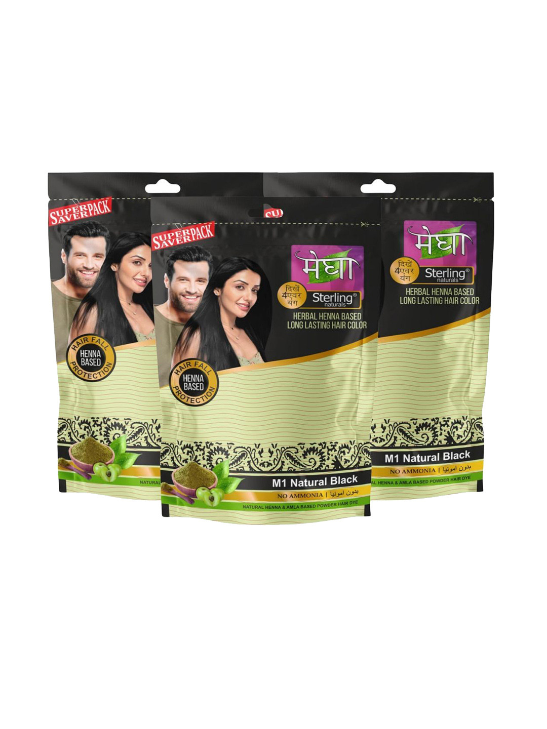 Sterling Naturals Women Set of 3 Megha Ammonia Free Hair Colour Henna - Black 45g Each