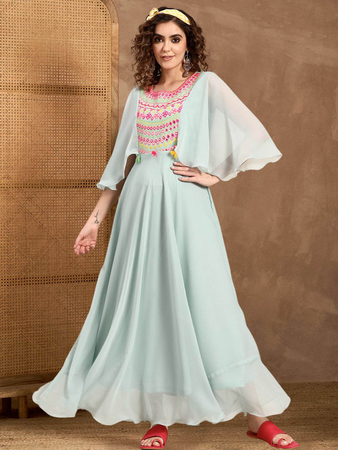 Inddus Thread & Mirror Embroidered Flared Ethnic Dress
