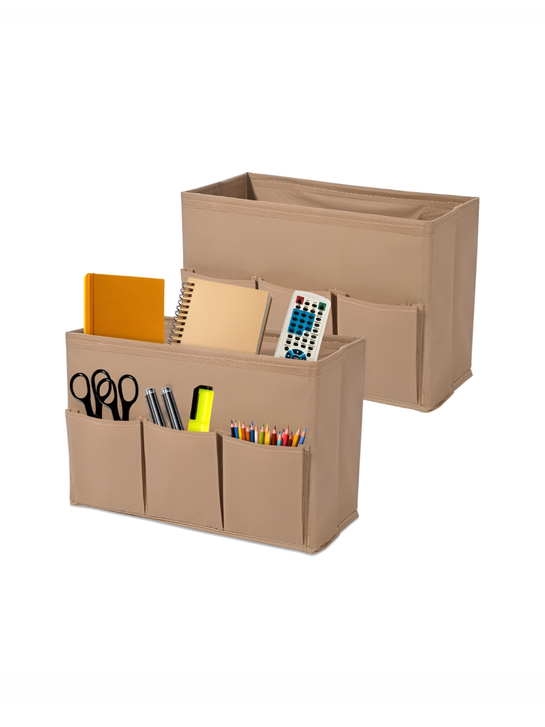 Aura Set of 2 Brown Non-Woven Stationary Organiser for Home 3 Compartment Desk Organiser