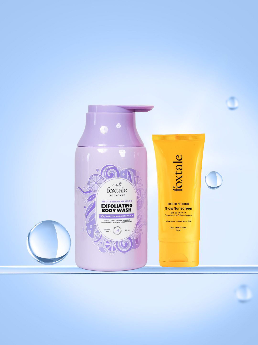 FoxTale Set Of 2 Exfoliate Body Wash - 250 ml With Glow Sunscreen - 50 ml
