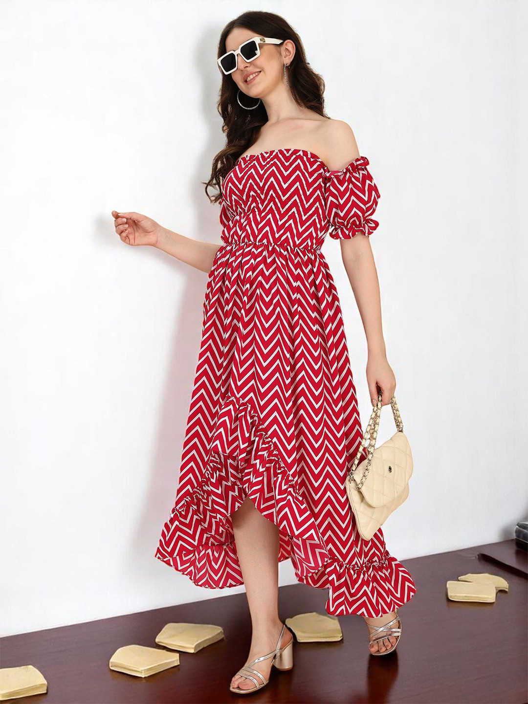 OOMPH! FACTOR Women Geometric Printed Off-Shoulder Fit and Flare Maxi Dress