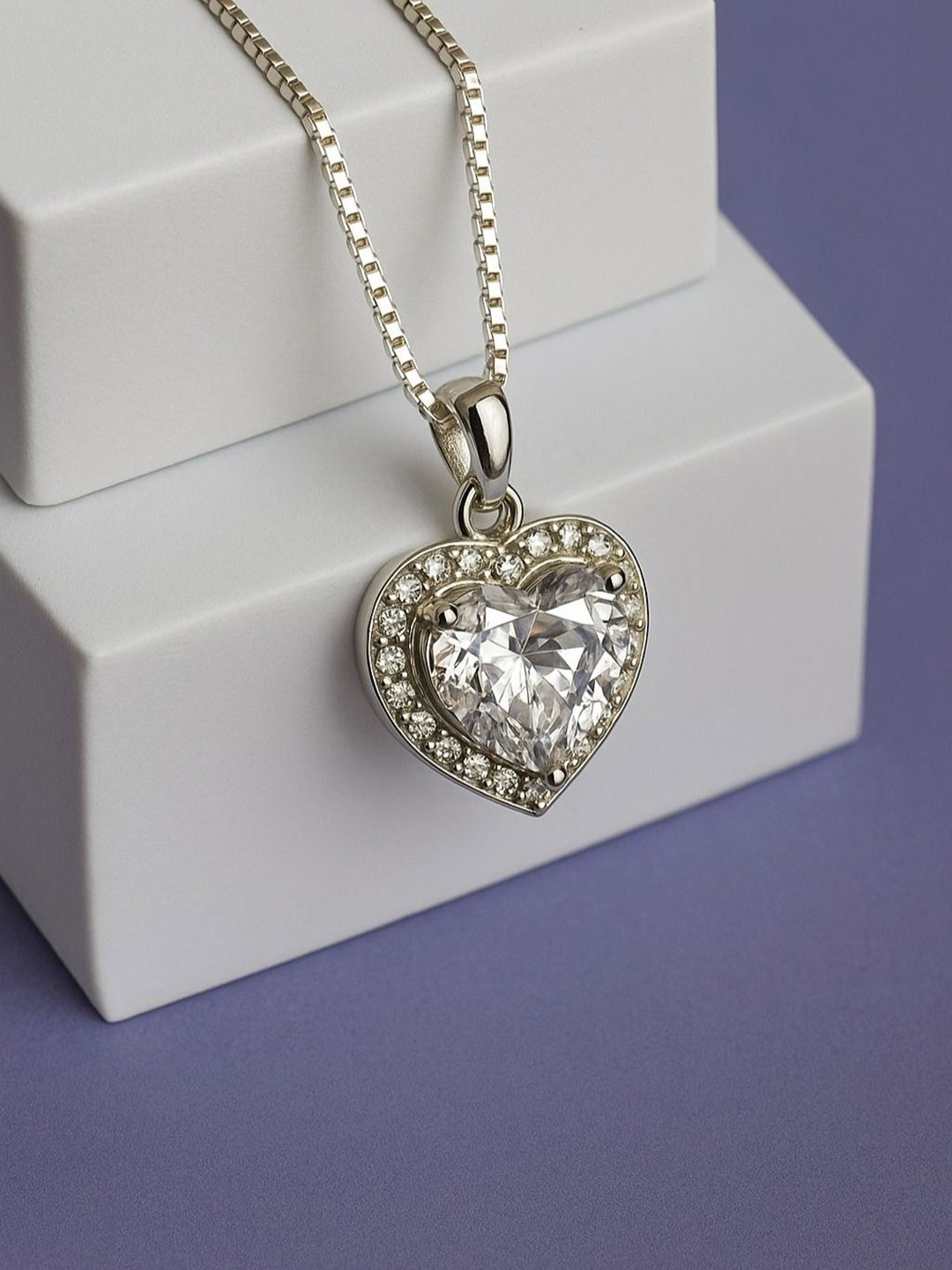 ShimmerTots 925 Silver Rhodium-Plated Heart Shaped White Stones Pendant with Chain