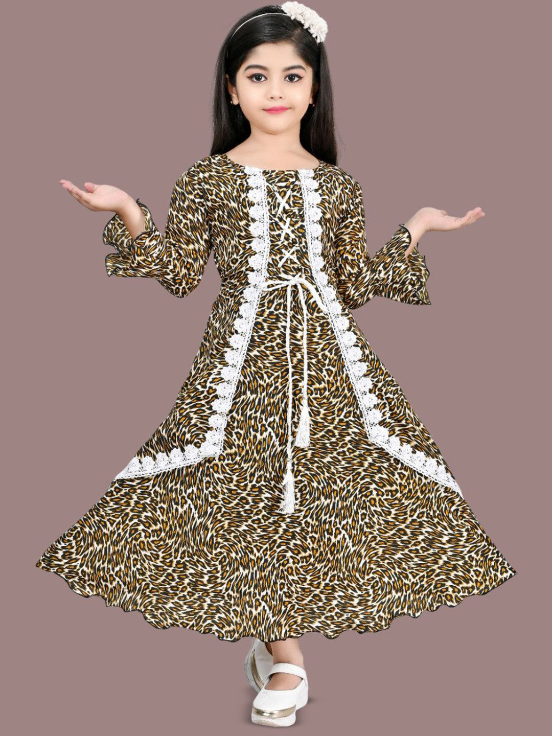 FASSY Girls Animal Printed Lace Inserts Detail Bell Sleeve Maxi Dress