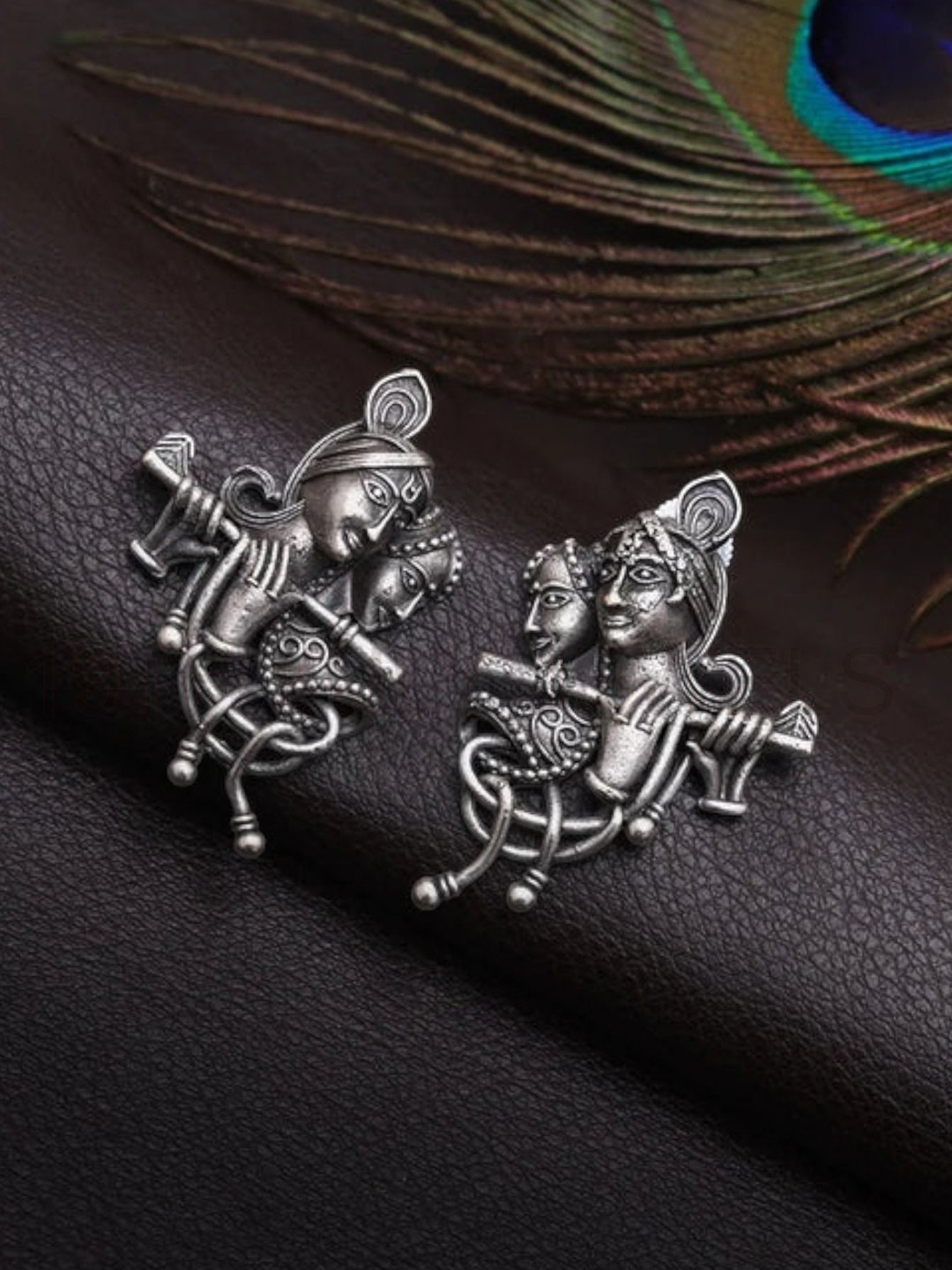 19TH JULY JEWELS Silver-Plated Radhe Krishna Themed Oxidised Contemporary Drop earrings