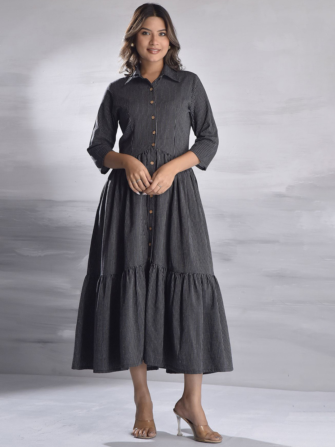 Bada Boota Women Striped Pure Cotton Tiered  A-Line Maxi Dress