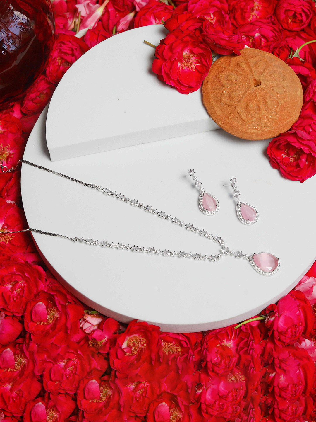 BlingNation Rhodium-Plated American Diamond Studded Jewellery Set