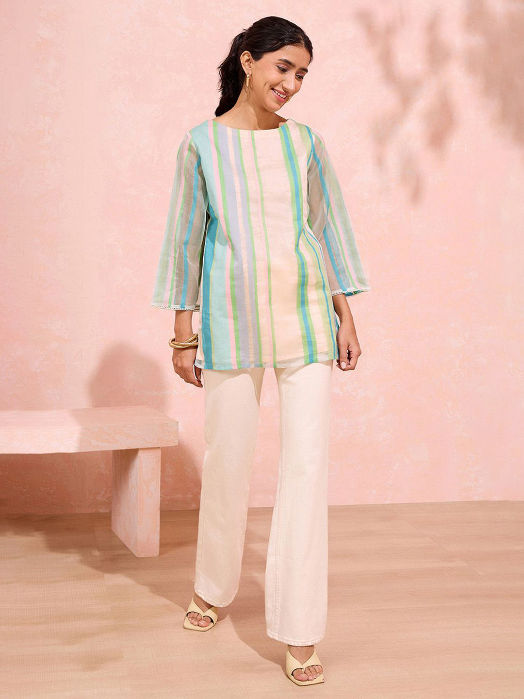 Taneira Striped Organza Round Neck Kurta