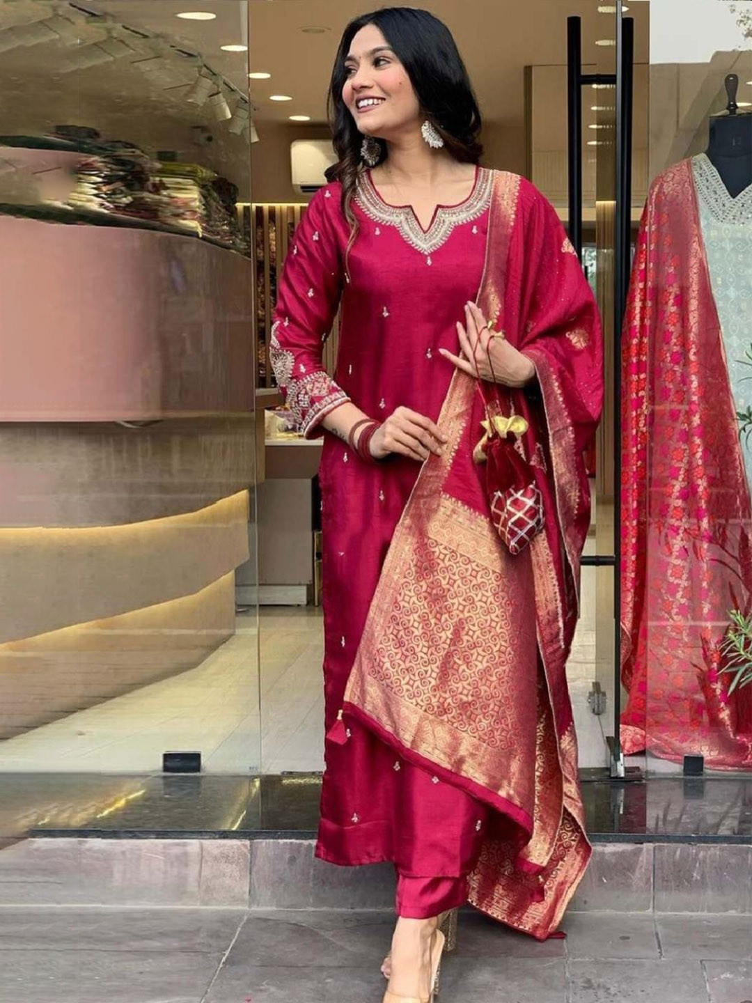 MEHZEEL FAB Floral Woven Design Notch Neck Straight Kurta With Trousers And Dupatta
