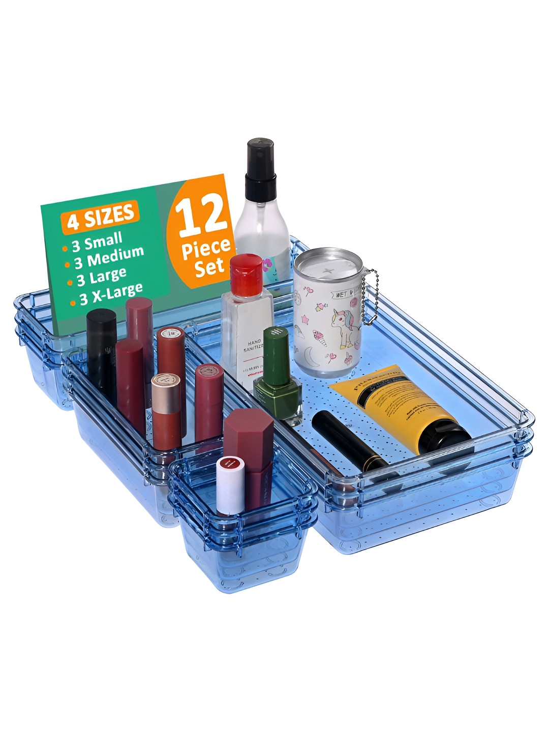 Aura 12 Pcs Blue Acrylic Transparent Vanity Box Cosmetic Makeup Organiser