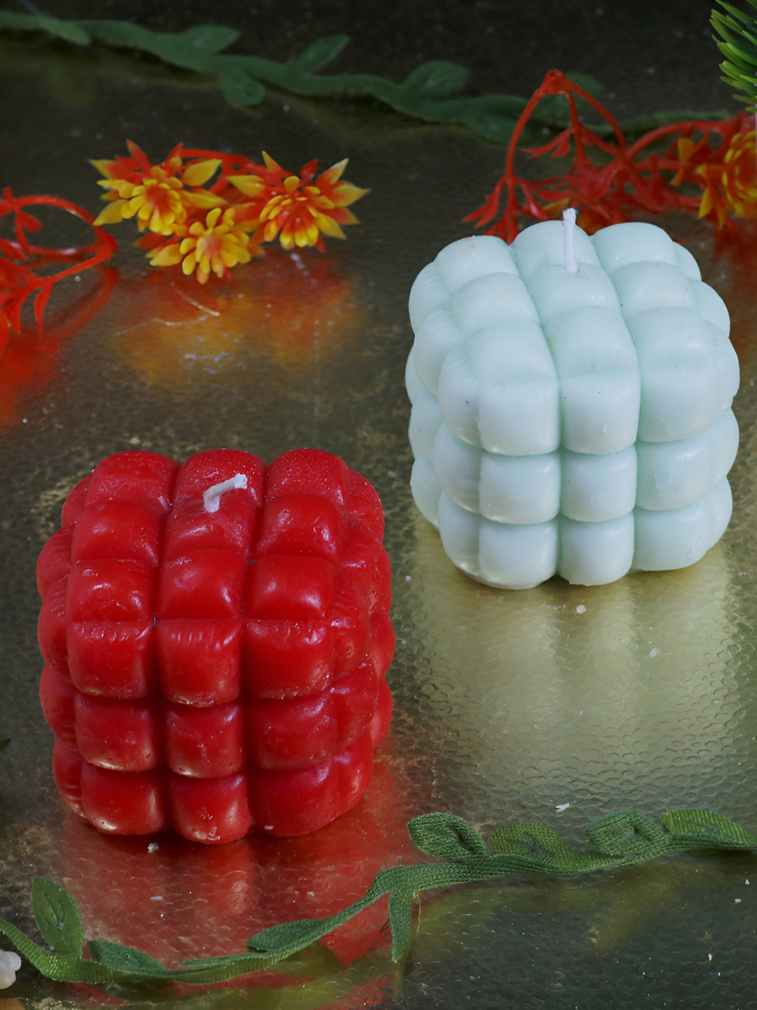Aura Handmade 3D Cube 2Pcs Rose and Green Apple Solid Square Regular Tea Light Candles