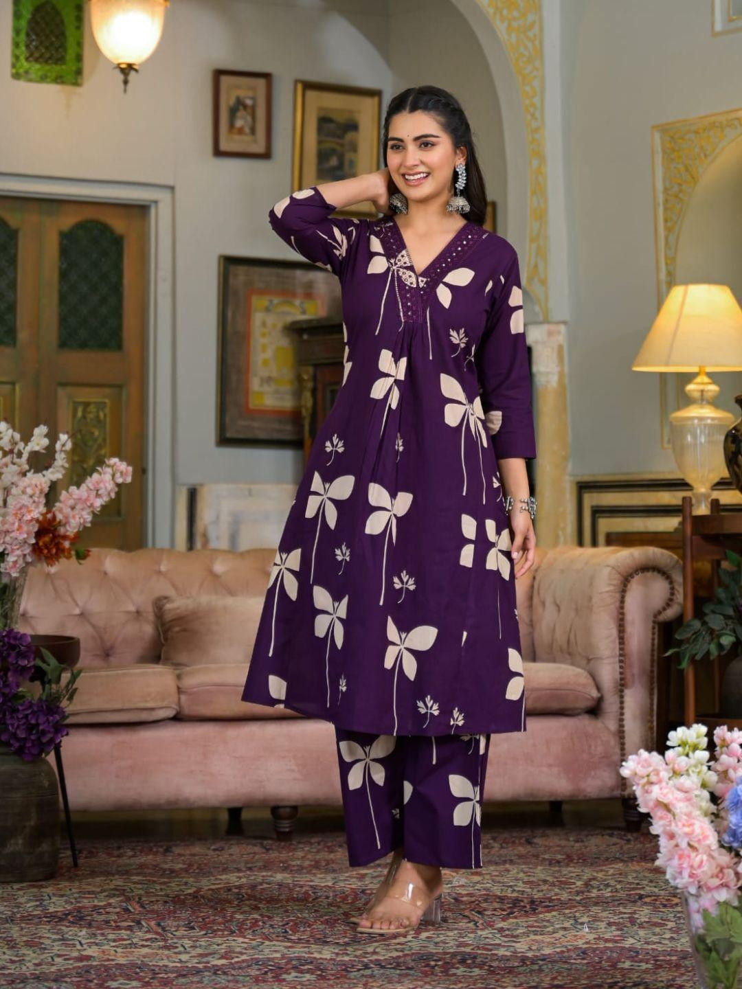 KALINI Women Floral Printed Regular Sequinned Pure Cotton Kurta with Palazzos