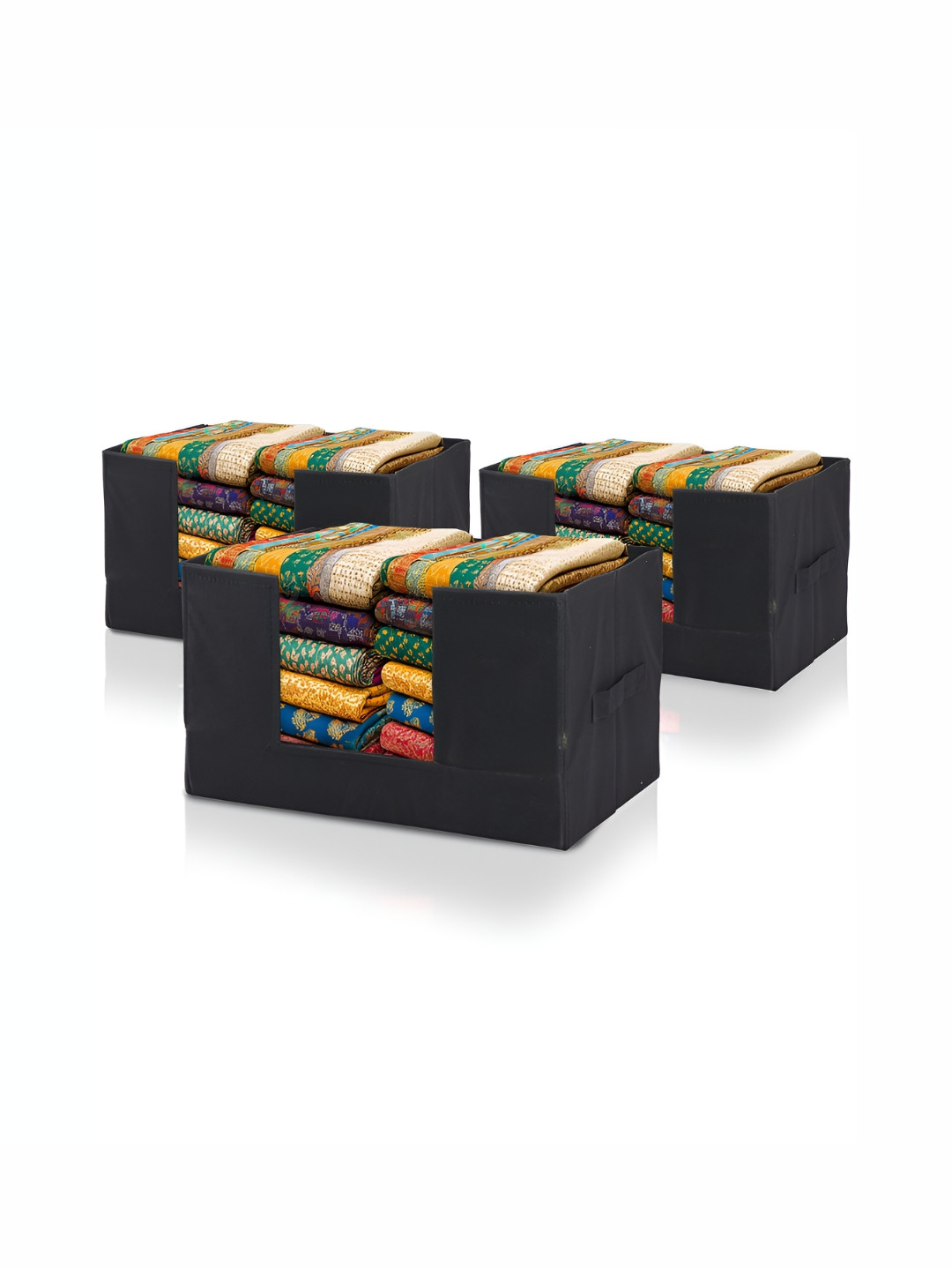 Aura 3 Pcs Black Cloth Organizer Wardrobe Drawer Storage Box with Handle