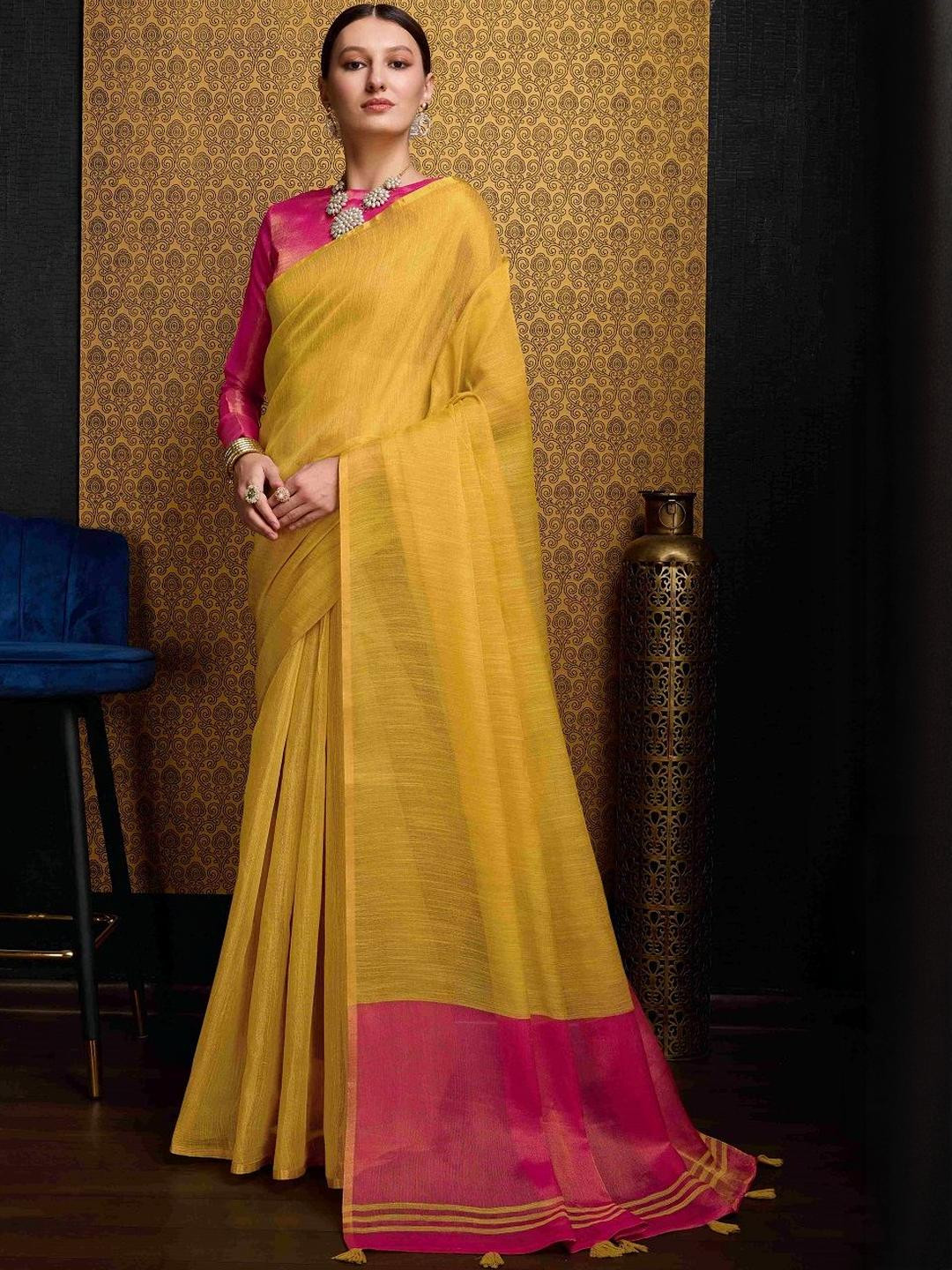 KALINI Yellow Pure Linen Sarees