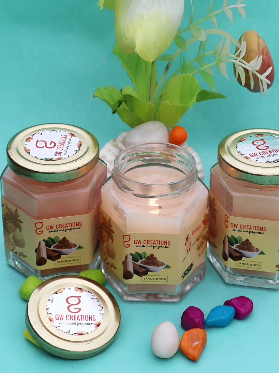 Aura Hexagonal 3Pcs Scented 1 Wick Sandal Solid Geometric Regular Jar Candles