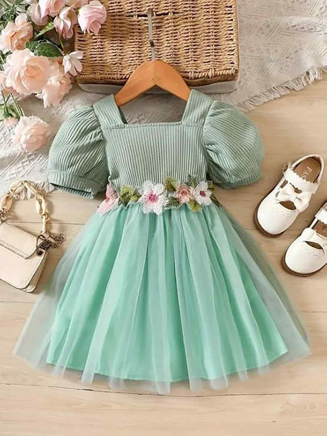 MAYARA FASHION Girls Self Design Embroidered Square Neck Fit & Flare Dress