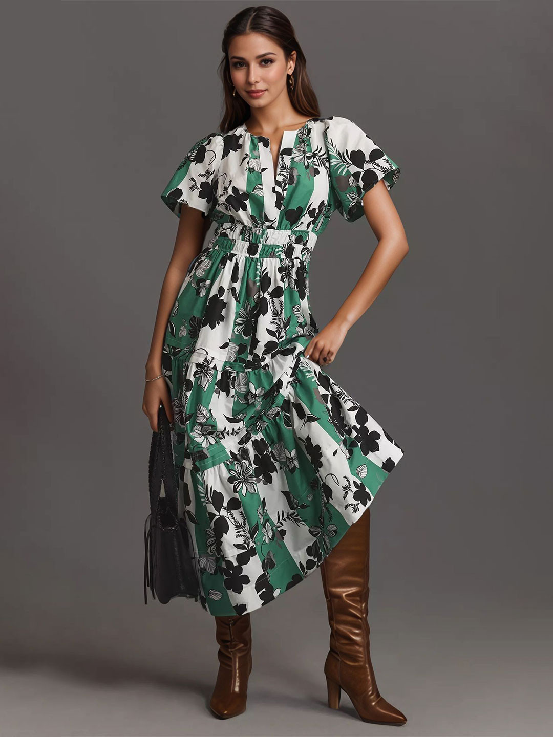 DressBerry Women Floral Printed Round Neck Smocked Party Fit and Flare Dress