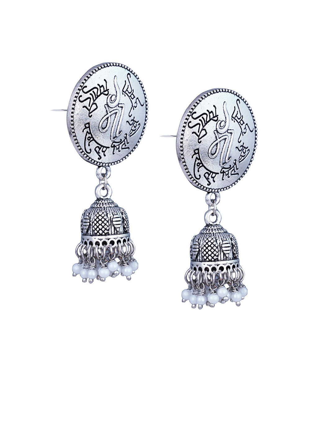 19TH JULY JEWELS Silver-Plated Pearls Beaded Oxidised Dome Shaped Jhumkas