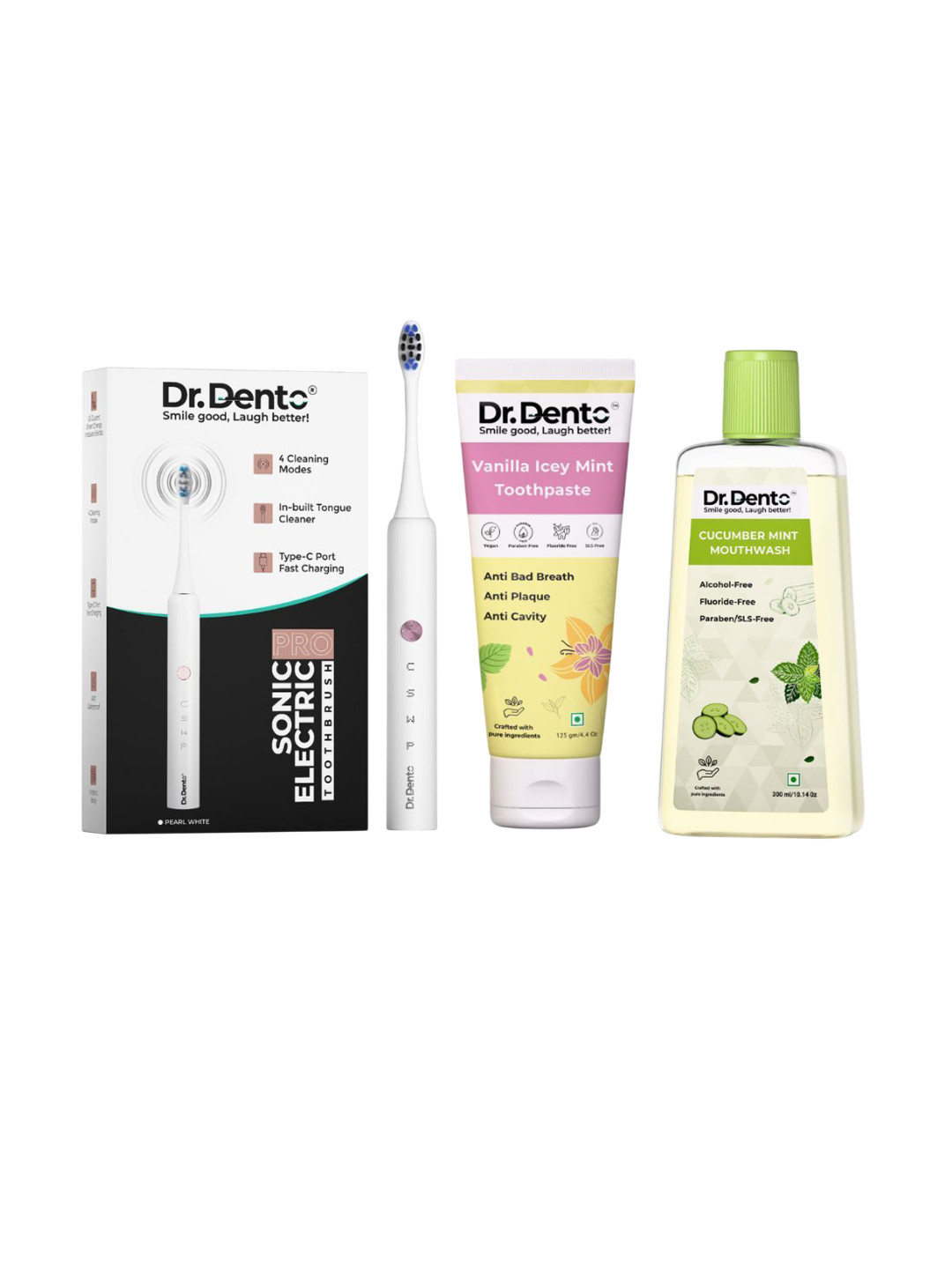 Dr. Dento Set of Vanilla Toothpaste 125gm, Cucumber Mouthwash 300ml & Electric Toothbrush