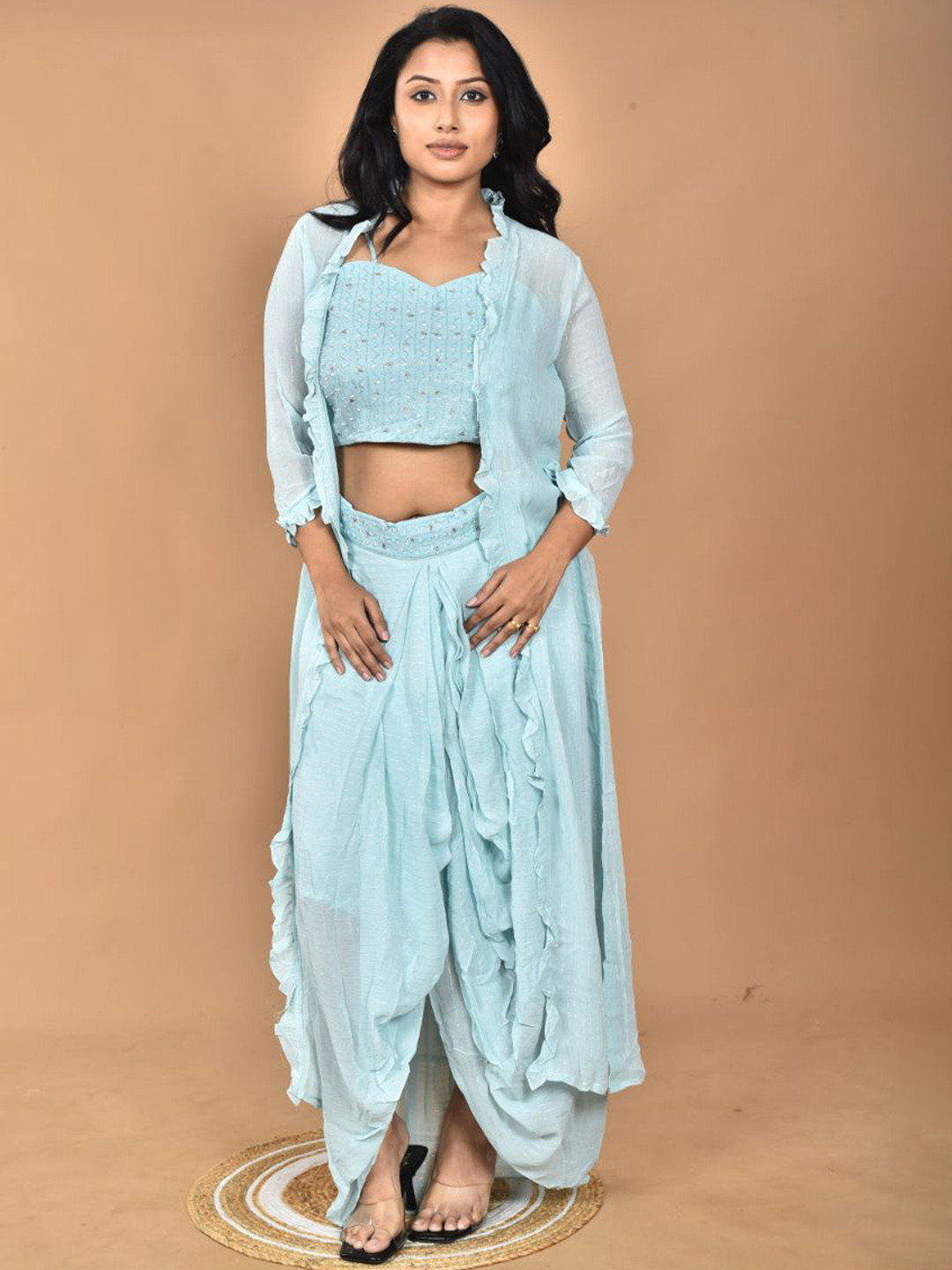 Morchari Hand Embroidered Shoulder Strap Neck Crop Top & Jacket With Skirt Co-Ords