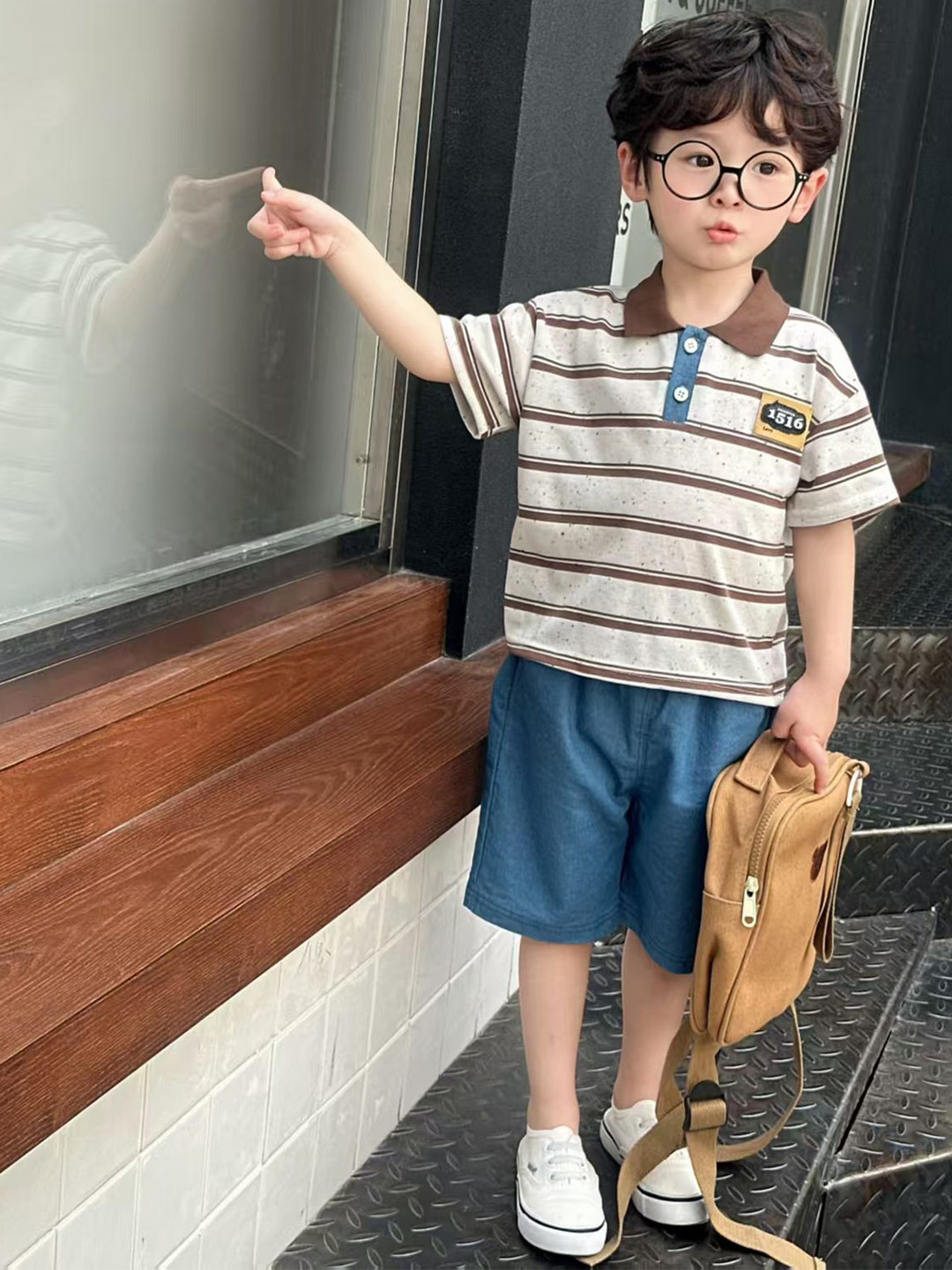 POP STREET KIDS Boy's Printed Polo Collar T-shirt with Shorts