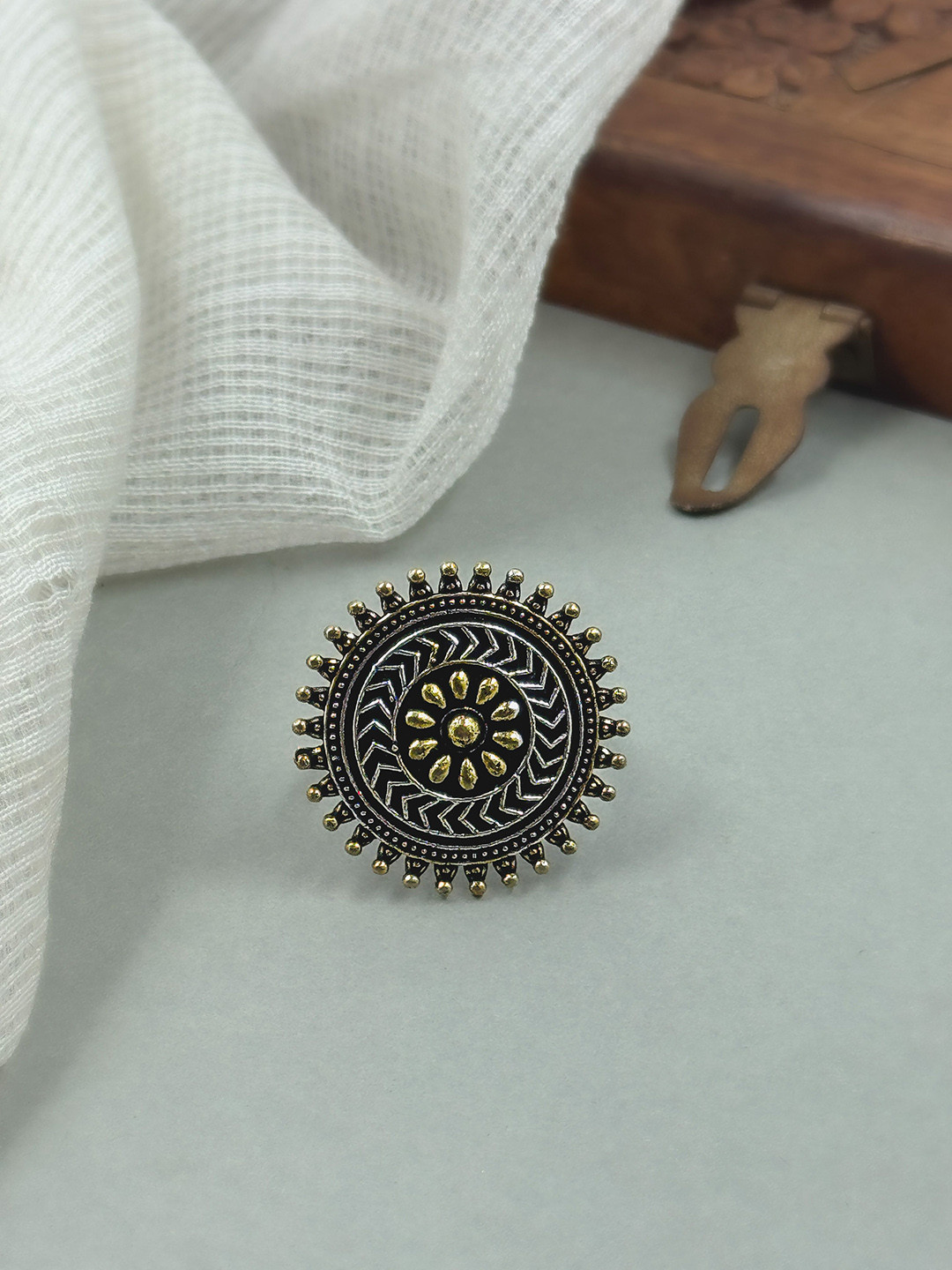 NAMAN ARTS Silver Plated Oxidised Large Circular Frame Adjustable Ring