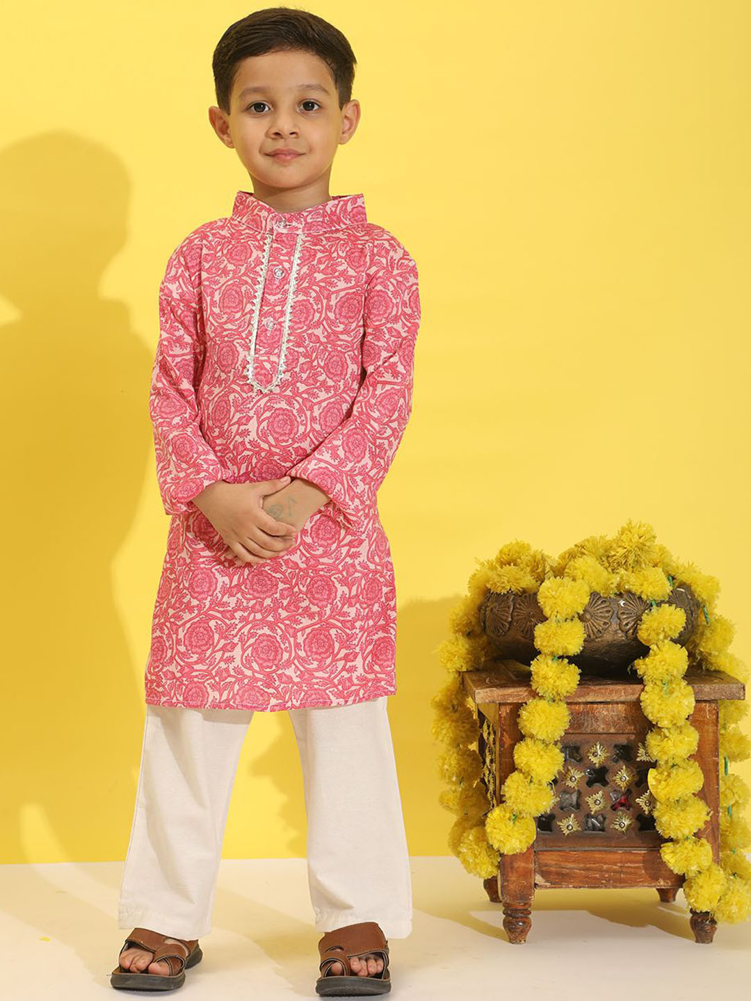 Cutiekins Boys Ethnic Motifs Printed Band Collar Kurta With Pyjamas