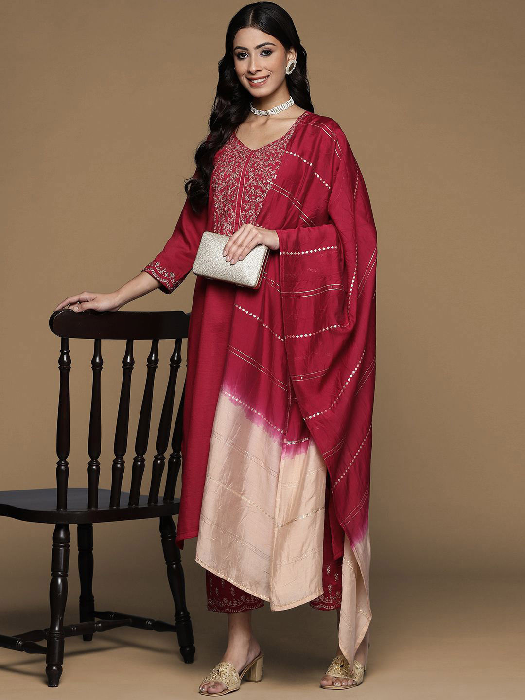 House of Pataudi Yoke Design Straight Kurta With Trouser & Dupatta