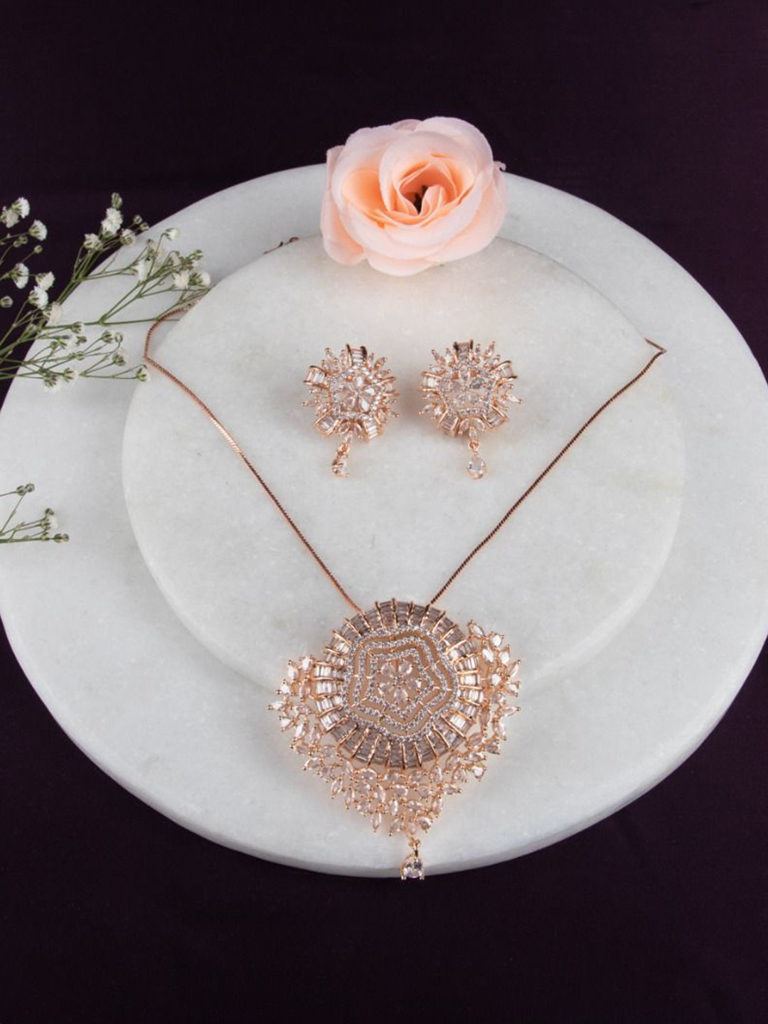 LA FILLE D'OR Rose Gold Plated Cubic Zirconia Studded Jewellery Set