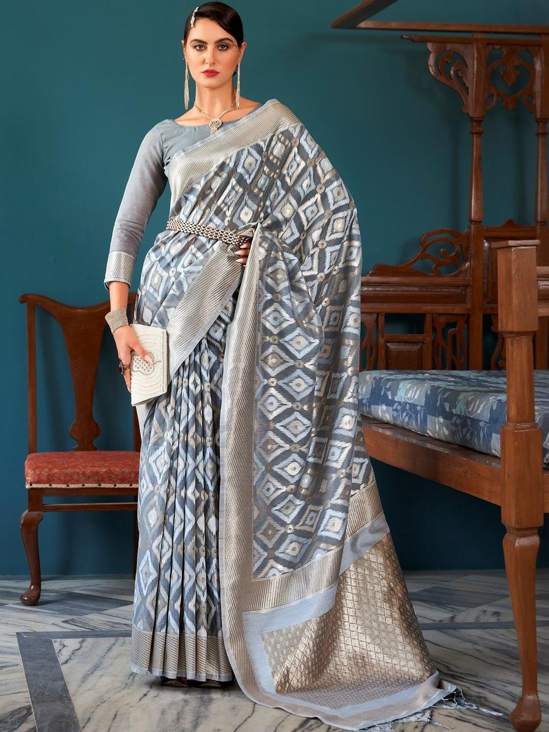 KALINI Grey Banarasi Pure Linen Sarees