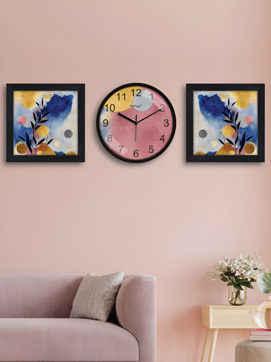 RANDOM Blue & Pink Printed Traditional Wall Clock With 2 Photo Frames