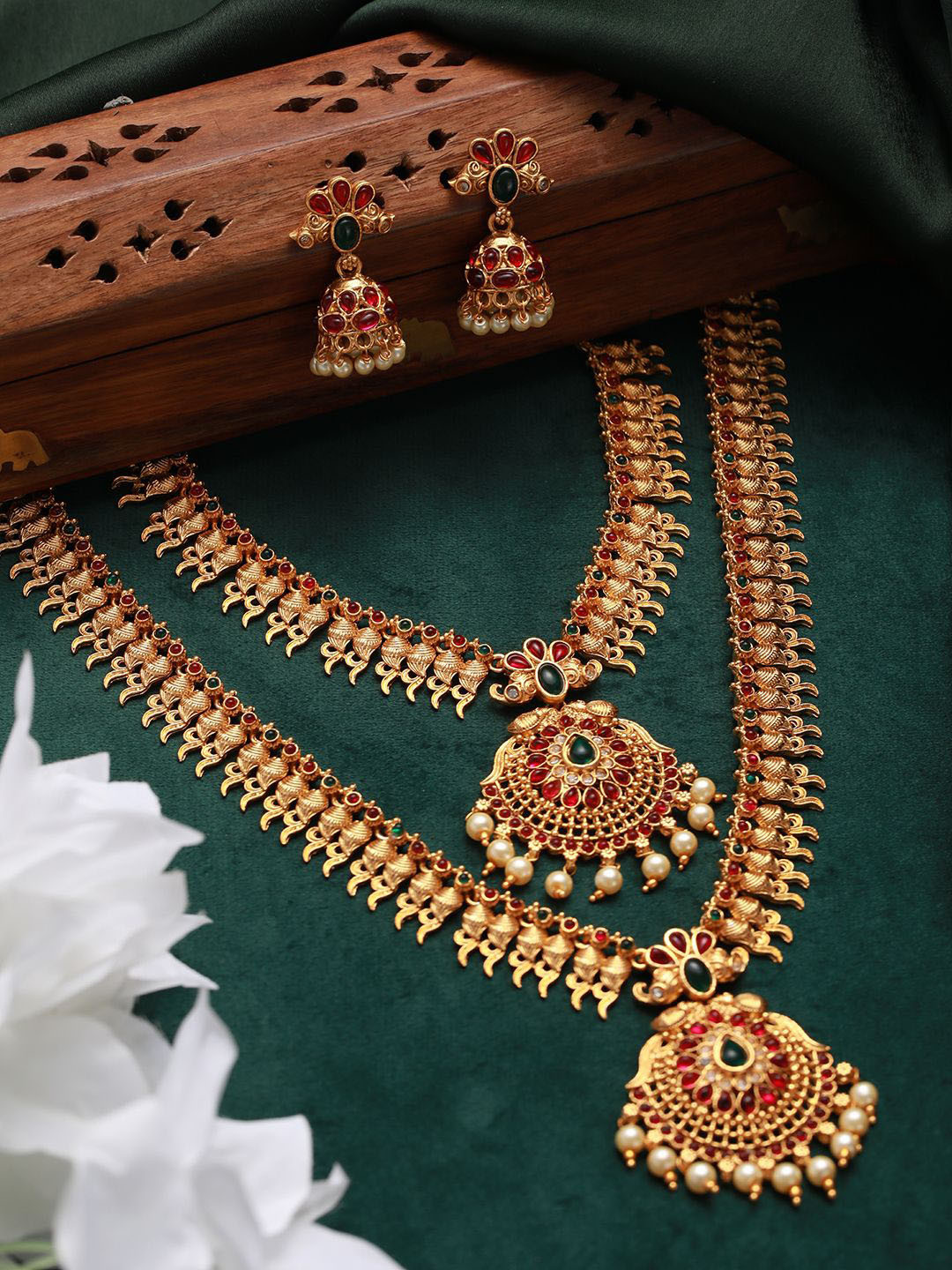 Anouk Set Of 2 Gold-Plated Stone studded & Beaded Temple Choker Jewellery Sets