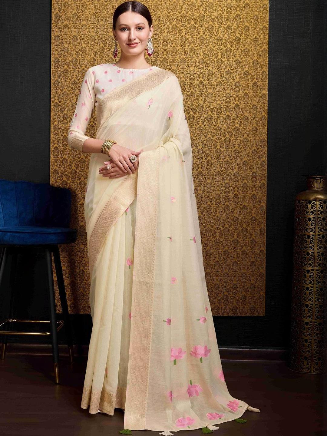 KALINI Cream Pure Cotton Sarees